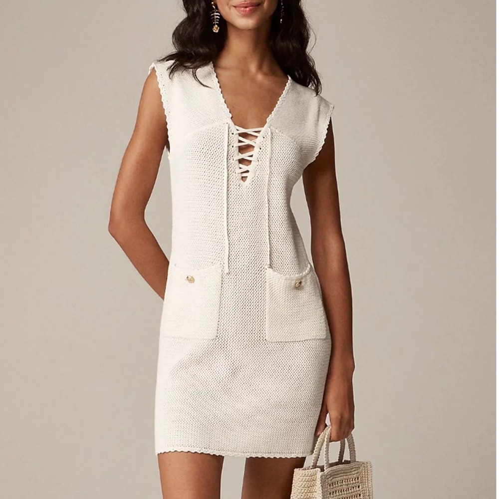 J.Crew Pointelle Lace Up Mini Sweater Dress Beach Cover Up Cotton Crochet Sz S‎